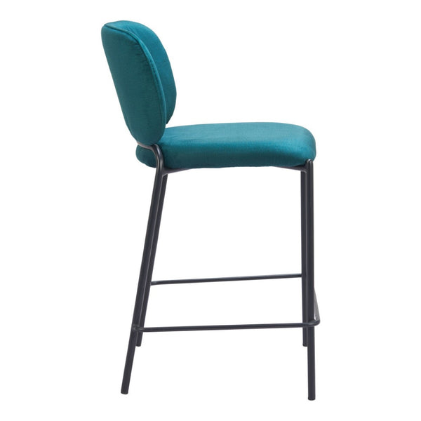 HomeRoots Set of Two 25" Green and Black Velvet Counter Height Bar Chairs with Steel Frame for Modern Style 564999