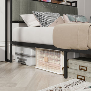 English Elm Queen Upholstered Bed Frame with USB & Outlets, Metal Platform, Vintage Shelf, 10.4" Storage Clearance W1960P162712