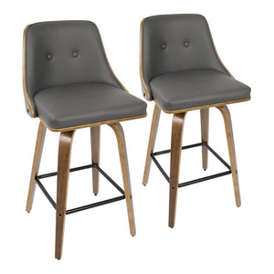 English Elm 26" Mid-century Walnut Counter Stools Tufted Faux Leather Swivel Seat Set of 2 B202S00297