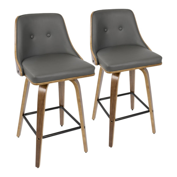 English Elm 26" Mid-century Walnut Counter Stools Tufted Faux Leather Swivel Seat Set of 2 B202S00297