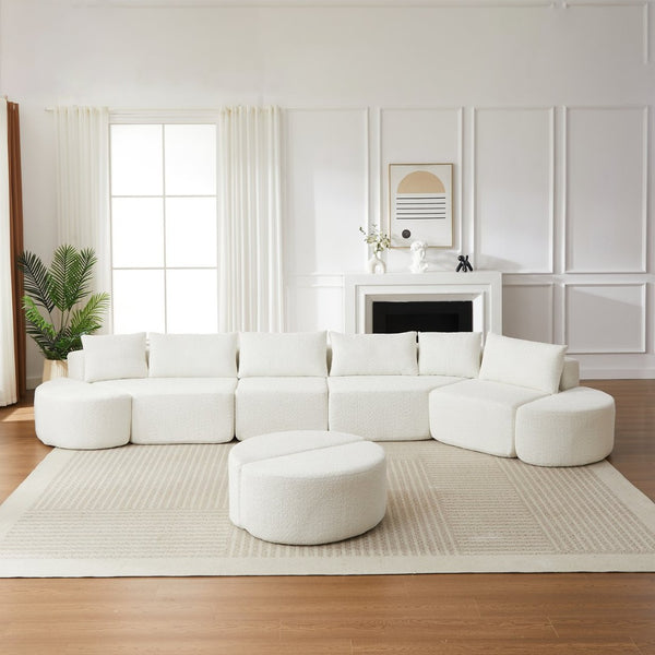 English Elm Modular Chenille Sectional Sofa with Curved Footstools and Cloud Foam Cushioning Beige W3505S00056
