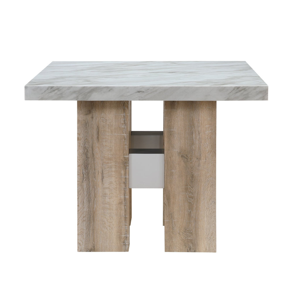 English Elm MIKHA Natural Bar Table with Faux Marble Top, Solid Rubberwood Pedestal Base & Silver Connector Finish B201S00351