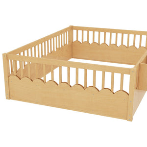 English Elm Queen Low Profile Kids Floor Bed with Guardrails Bookshelf and Pine Wood Frame Natural W1580P373143