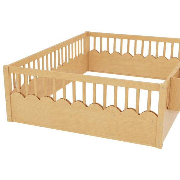 English Elm Queen Low Profile Kids Floor Bed with Guardrails Bookshelf and Pine Wood Frame Natural W1580P373143