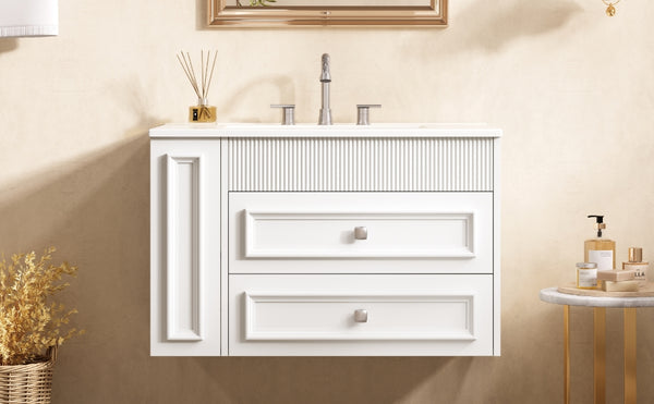 English Elm 30'' Wall Mounted Bathroom Vanity with Ceramic Sink, Floating MDF Cabinet, Soft-Close Drawers & Ample Storage White N710P334915K