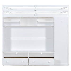 English Elm Full Size Loft Bed with Led Lighting Wardrobe Drawers and Shelves for Teen Rooms White LT000499AAK