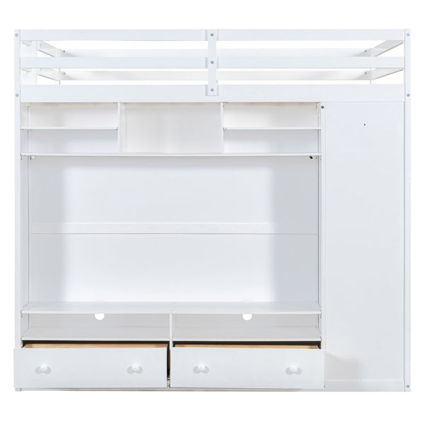 English Elm Full Size Loft Bed with Led Lighting Wardrobe Drawers and Shelves for Teen Rooms White LT000499AAK