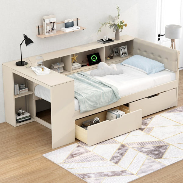 English Elm Wood Twin Size Platform Bed With Upholstered Headboard, Storage Drawers & Usb Charging Station GX002107AAC-GIGA