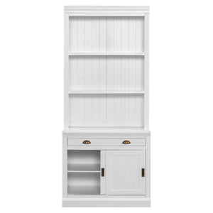 English Elm 83.4"Tall White Bookshelf Suite With Led Lighting, Sliding Doors & Drawers For Stylish Storage Solutions N751S059620K