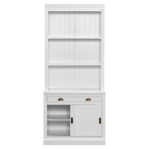 English Elm 83.4"Tall White Bookshelf Suite With Led Lighting, Sliding Doors & Drawers For Stylish Storage Solutions N751S059620K