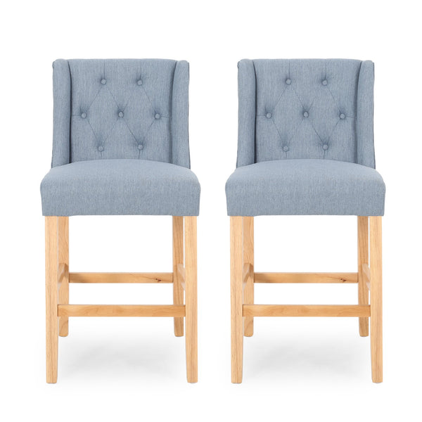 English Elm Christopher Knight Home® - Vienna Tufted Wingback Counter Stools Set of 2 — Elegant Fabric Seating, Button-Tufted Comfort, Durable Rubberwood Frame Light Blue+Natural 64853.00LBLU
