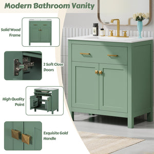 English Elm 30-inch Modern Bathroom Vanity with Ceramic Sink, Gold Accents, Solid Wood Frame, Soft-Close Doors and Ample Storage Green WF324045AAF