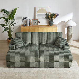 English Elm 84Inch Corduroy sofa with deep seats, 3 back pillows, 2 toss pillows, ottomans, cup grooves, storage Army Green W834S00355