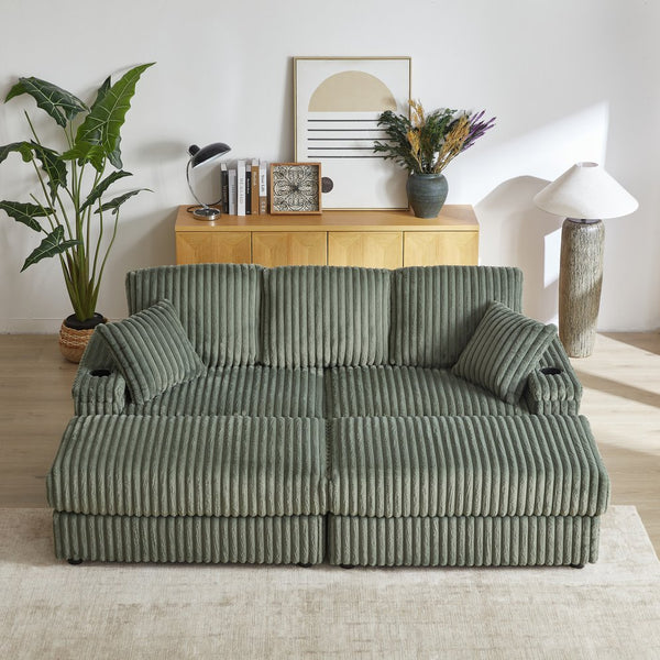 English Elm 84Inch Corduroy sofa with deep seats, 3 back pillows, 2 toss pillows, ottomans, cup grooves, storage Army Green W834S00355