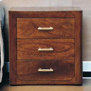 English Elm Luca Solid Mango Wood Nightstand with 3 Drawers, Chestnut Finish & Gold Bar Knobs – Handcrafted Elegance B182P315302