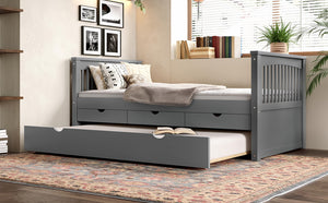 English Elm Twin Solid Wood Platform Bed with Trundle and Two Drawers, White Daybed for Kids Guests Gray W1580S00263