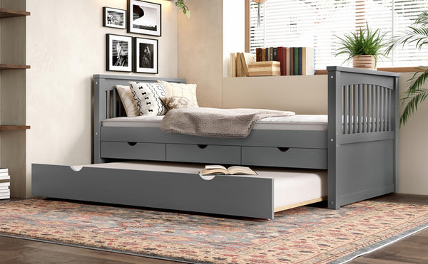 English Elm Twin Solid Wood Platform Bed with Trundle and Two Drawers, White Daybed for Kids Guests Gray W1580S00263