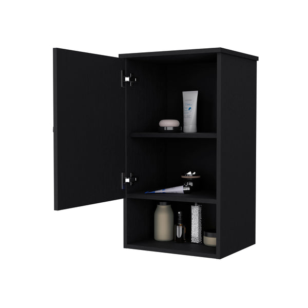 English Elm Carrizo Recessed Medicine Cabinet in Black Melamine with One Door, 2 Shelves + Open Bottom Shelf, 28.6"x16.2"x13.9" B128P237146