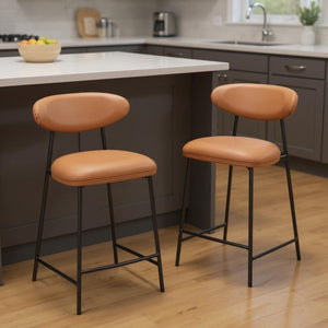 HomeRoots Set of Two Stylish 25" Brown Faux Leather Bar Chairs with Durable Black Steel Frame for Comfort 565000