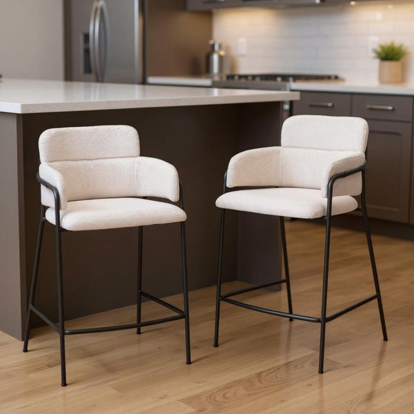 HomeRoots Set of Two Stylish Cream Faux Shearling Bar Chairs with Black Steel Frame for Modern Comfort 565001