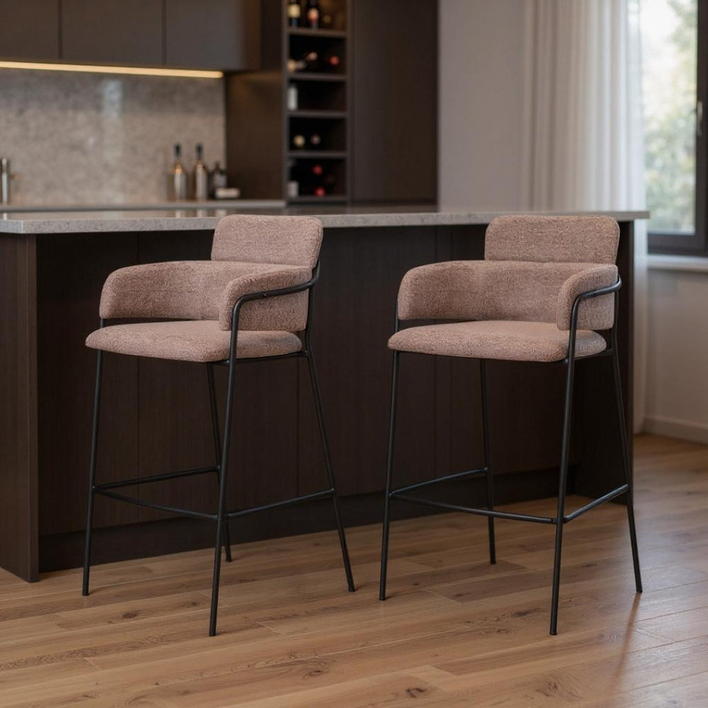 HomeRoots Set of Two Stylish Brown Faux Shearling Bar Chairs with Black Steel Base – Modern Comfort & Design 565002
