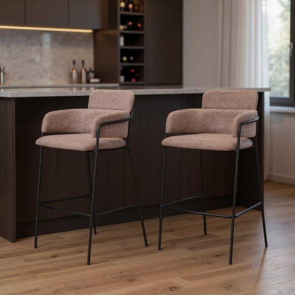 HomeRoots Set of Two Stylish Brown Faux Shearling Bar Chairs with Black Steel Base – Modern Comfort & Design 565002