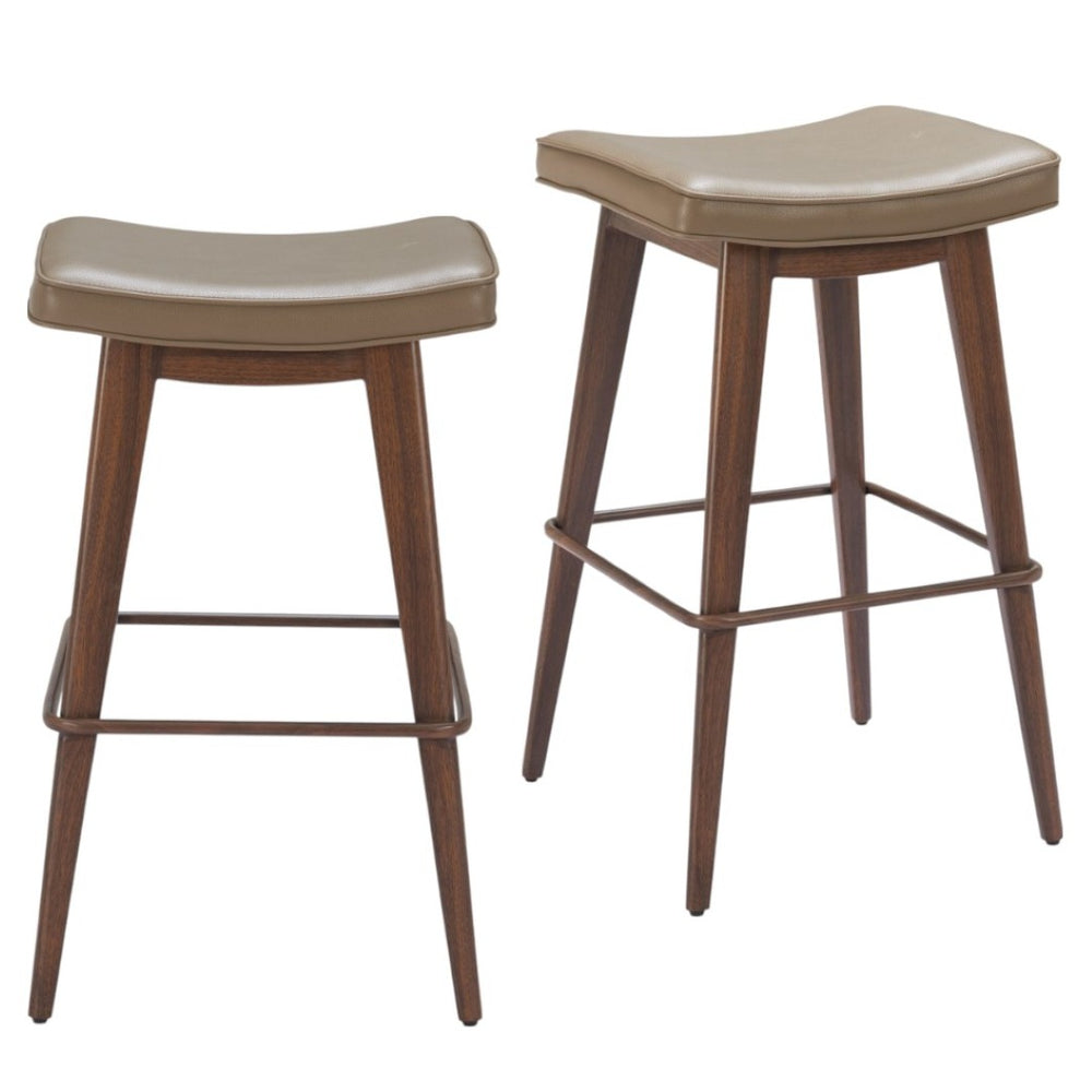 HomeRoots Set of Two Modern Backless Bar Stools in Taupe Faux Leather with Walnut Accents for Home Dining 565003