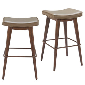 HomeRoots Set of Two Modern Backless Bar Stools in Taupe Faux Leather with Walnut Accents for Home Dining 565003