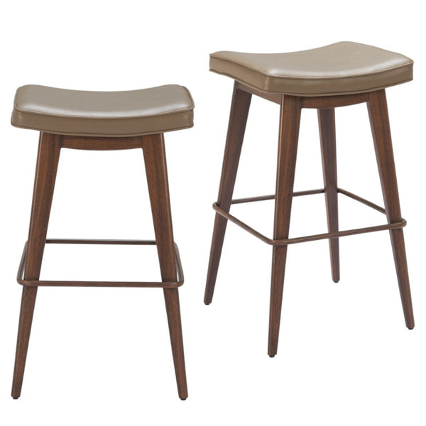 HomeRoots Set of Two Modern Backless Bar Stools in Taupe Faux Leather with Walnut Accents for Home Dining 565003