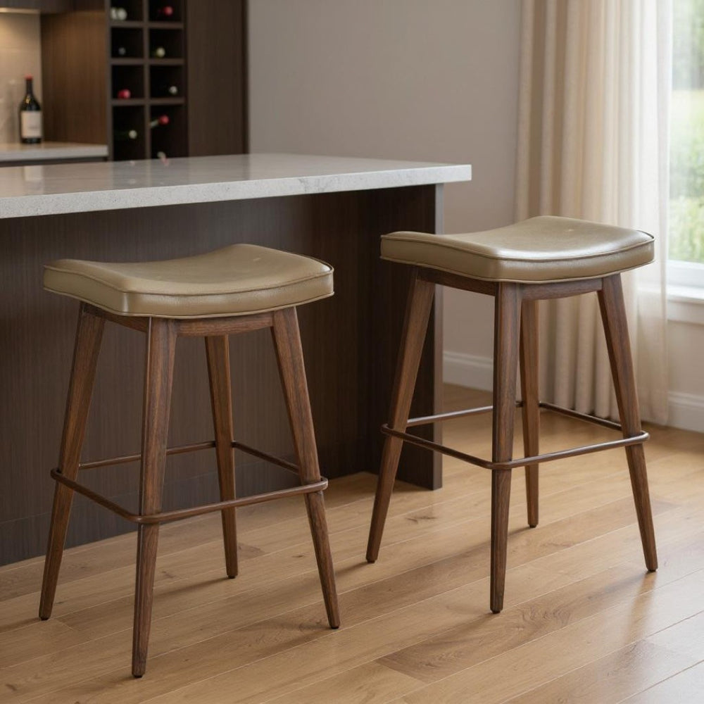 HomeRoots Set of Two Modern Backless Bar Stools in Taupe Faux Leather with Walnut Accents for Home Dining 565003