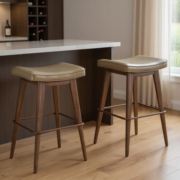 HomeRoots Set of Two Modern Backless Bar Stools in Taupe Faux Leather with Walnut Accents for Home Dining 565003