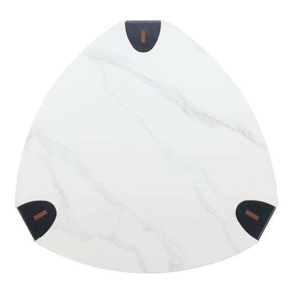 Homeroots 36" Modern Triangle Coffee Table With White Sintered Stone Top And Faux Leather Steel Frame Design   565004