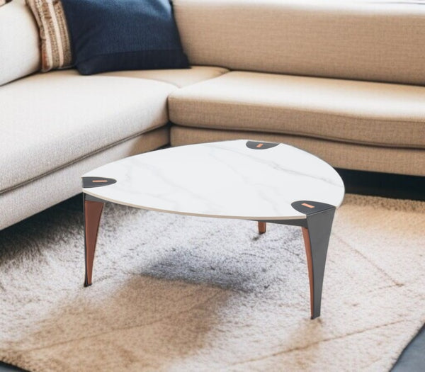HomeRoots 36" Contemporary Triangle Coffee Table - White Sintered Stone & Faux Leather Steel Frame Focal Point 565004