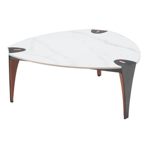 Homeroots 36" Modern Triangle Coffee Table With White Sintered Stone Top And Faux Leather Steel Frame Design   565004
