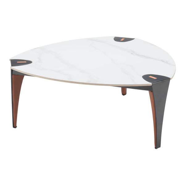 Homeroots 36" Modern Triangle Coffee Table With White Sintered Stone Top And Faux Leather Steel Frame Design   565004