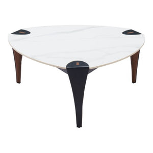 Homeroots 36" Modern Triangle Coffee Table With White Sintered Stone Top And Faux Leather Steel Frame Design   565004