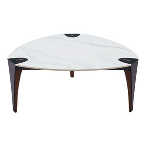 Homeroots 36" Modern Triangle Coffee Table With White Sintered Stone Top And Faux Leather Steel Frame Design   565004
