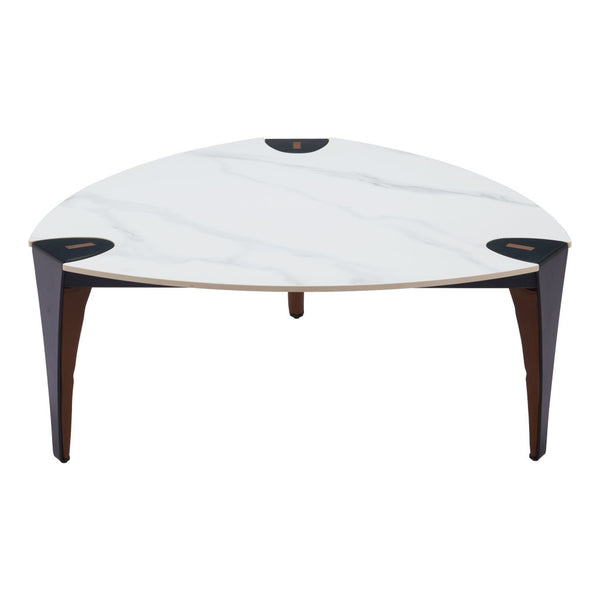 Homeroots 36" Modern Triangle Coffee Table With White Sintered Stone Top And Faux Leather Steel Frame Design   565004