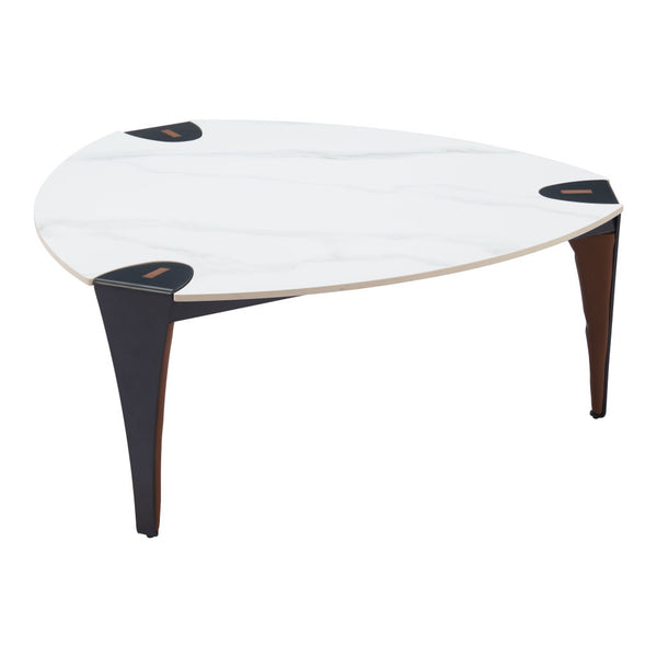 Homeroots 36" Modern Triangle Coffee Table With White Sintered Stone Top And Faux Leather Steel Frame Design   565004
