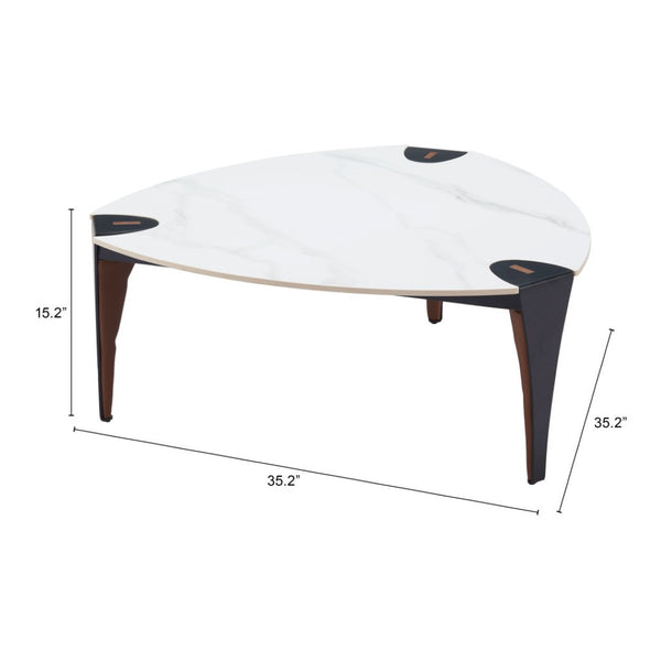 Homeroots 36" Modern Triangle Coffee Table With White Sintered Stone Top And Faux Leather Steel Frame Design   565004