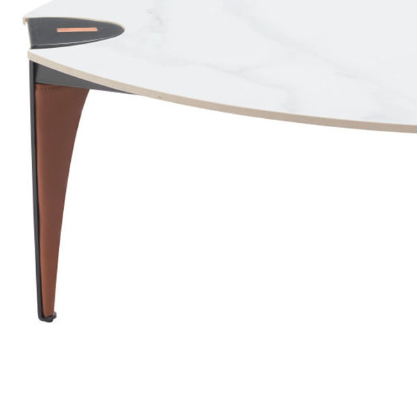Homeroots 36" Modern Triangle Coffee Table With White Sintered Stone Top And Faux Leather Steel Frame Design   565004