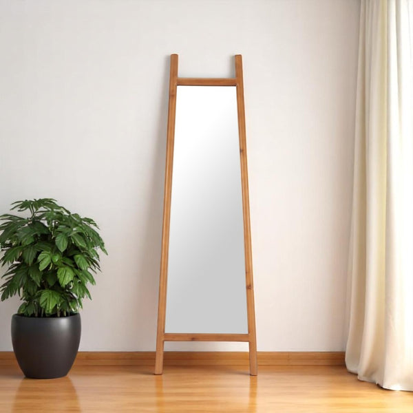 HomeRoots 70" Natural Solid Wood Leaning Mirror with Geometric Frame - Stylish Full-Length Accent for Any Space 565007