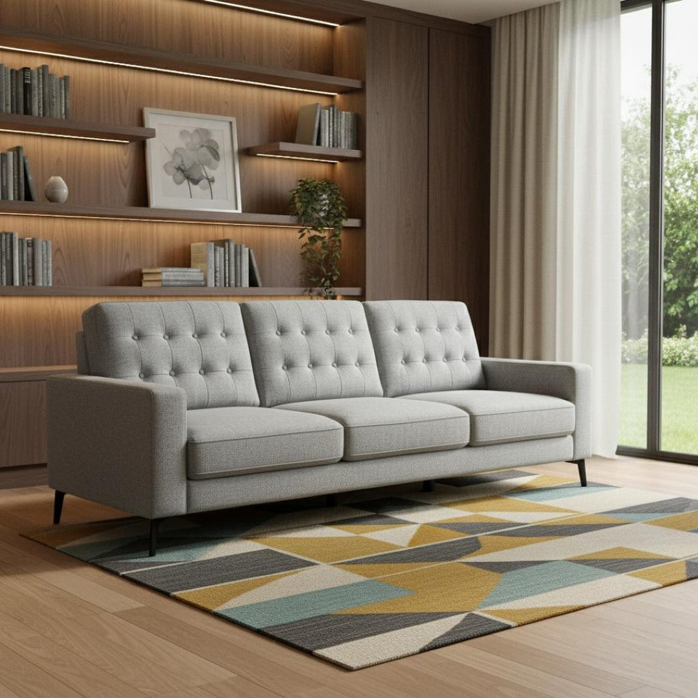 HomeRoots 87" Gray Fabric Sofa with Black Metal Legs - Mid-Century Modern Comfort for Stylish Living Spaces 565008
