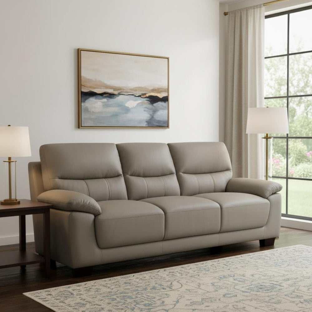 HomeRoots 82" Gray Faux Leather Sofa with Plush Cushioning & Dark Brown Legs for Modern Living Spaces 565009