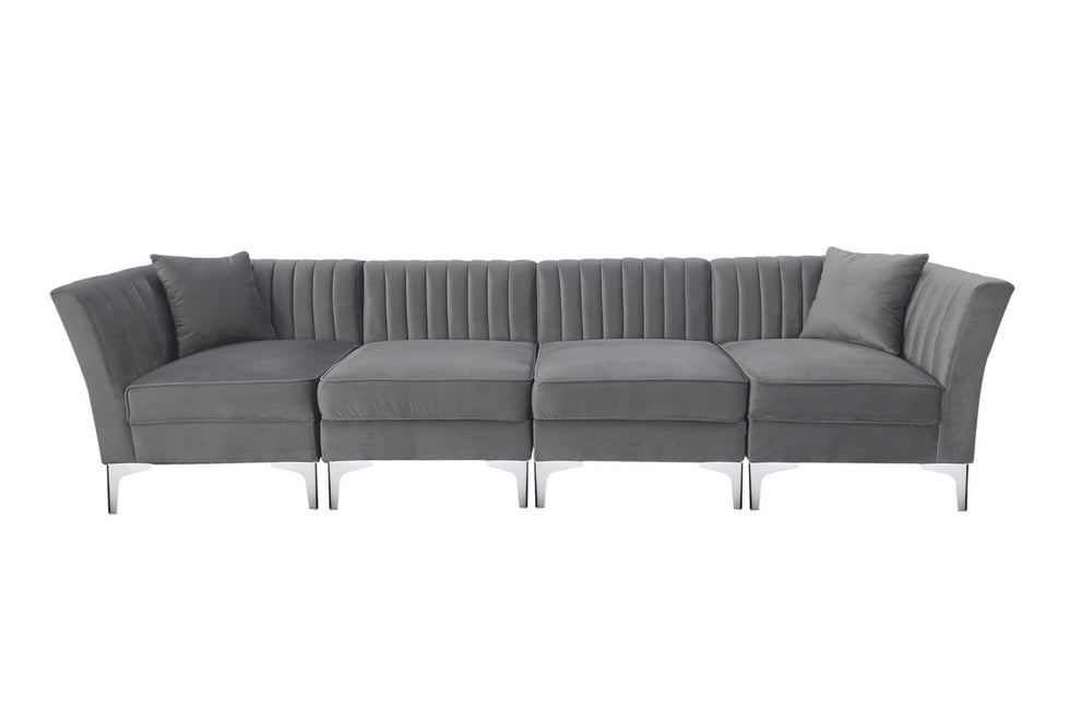 HomeRoots 116" Gray Velvet Sofa with Silver Legs, Plush Comfort & 2 Toss Pillows for Modern Living Spaces 565010