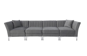 HomeRoots 116" Gray Velvet Sofa with Silver Legs, Plush Comfort & 2 Toss Pillows for Modern Living Spaces 565010