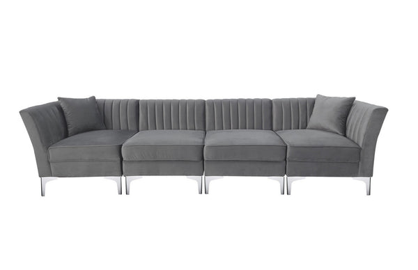 HomeRoots 116" Gray Velvet Sofa with Silver Legs, Plush Comfort & 2 Toss Pillows for Modern Living Spaces 565010
