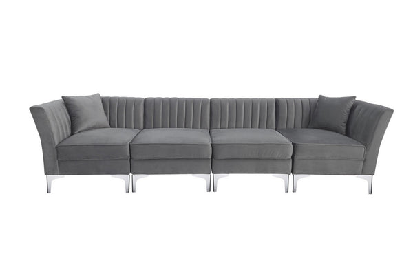 HomeRoots 116" Gray Velvet Sofa with Silver Legs, Plush Comfort & 2 Toss Pillows for Modern Living Spaces 565010