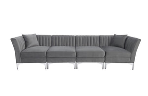 HomeRoots 116" Gray Velvet Sofa with Silver Legs, Plush Comfort & 2 Toss Pillows for Modern Living Spaces 565010