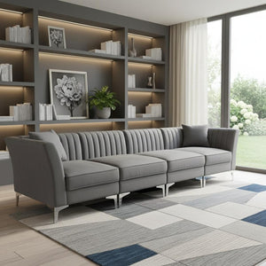 HomeRoots 116" Gray Velvet Sofa with Silver Legs, Plush Comfort & 2 Toss Pillows for Modern Living Spaces 565010